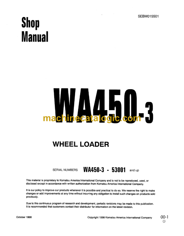 Komatsu WA450-3 Wheel Loader Shop Manual (SEBM015501)