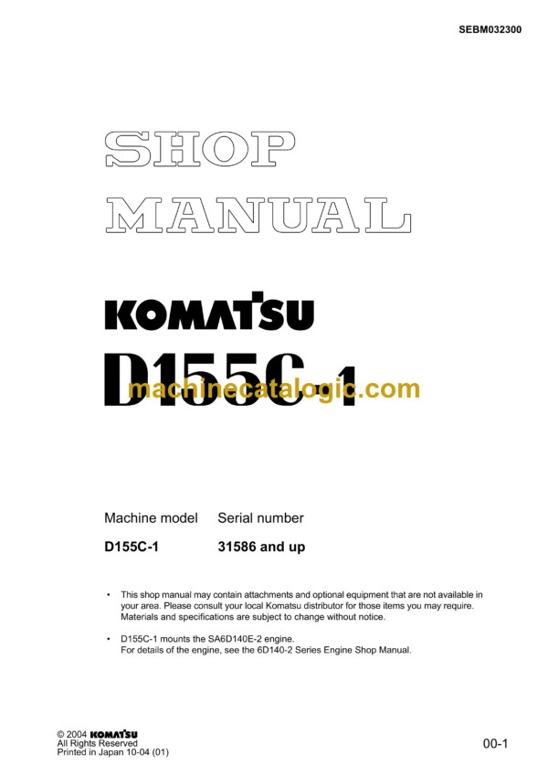 Komatsu D155C-1 Bulldozer Shop Manual (SEBM032300)