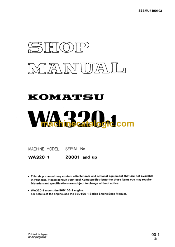 Komatsu WA320-1 Wheel Loader Shop Manual (SEBMU4190103)