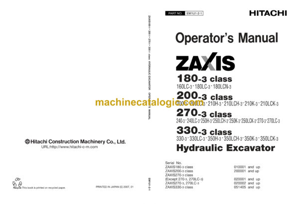 Hitachi ZX180-3 Class, ZX200-3 Class, ZX330-3 Class Excavator Operator's Manual (EM1U1-2-1)