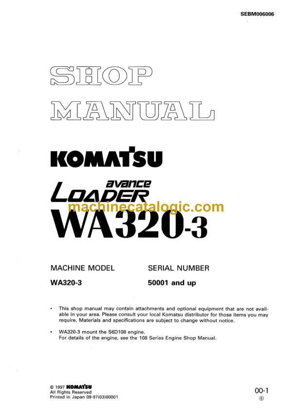 Komatsu WA320-3 Wheel Loader Shop Manual (SEBM006006)