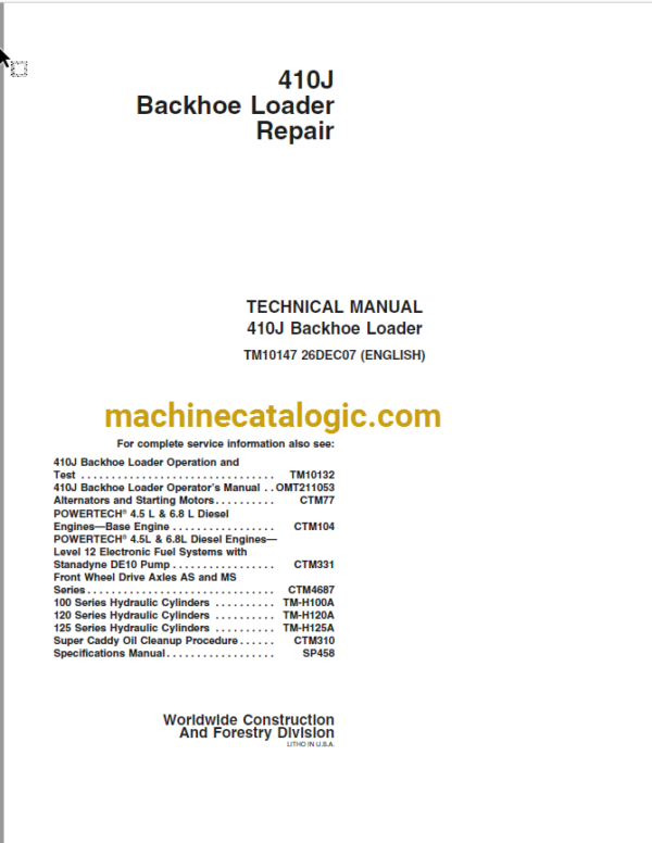 John Deere 410J Backhoe Loader Repair Technical Manual (TM10147)