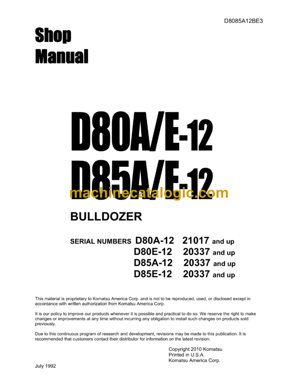 Komatsu D80A, E-12 D85A, E-12 Bulldozer Shop Manual (D8085A12BE3)