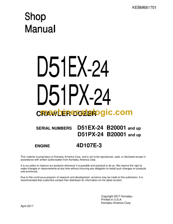 Komatsu D51EX-24, D51PX-24 Crawler Dozer Shop Manual (KEBM661701)