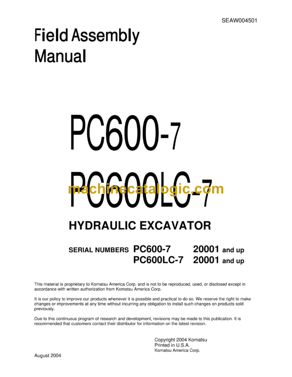 Komatsu PC600-7 PC600LC-7 Hydraulic Excavator Field Assembly Manual (SEAW004501)