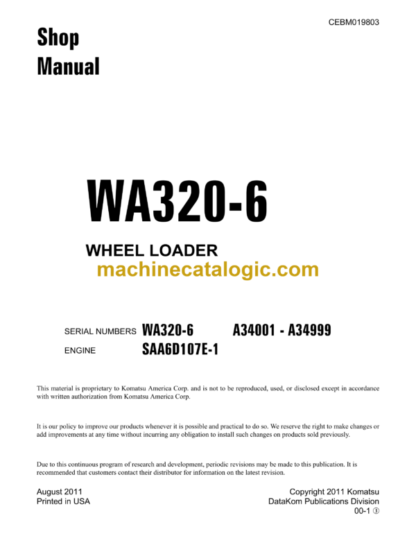 Komatsu WA320-6 Wheel Loader Shop Manual (CEBM019803)