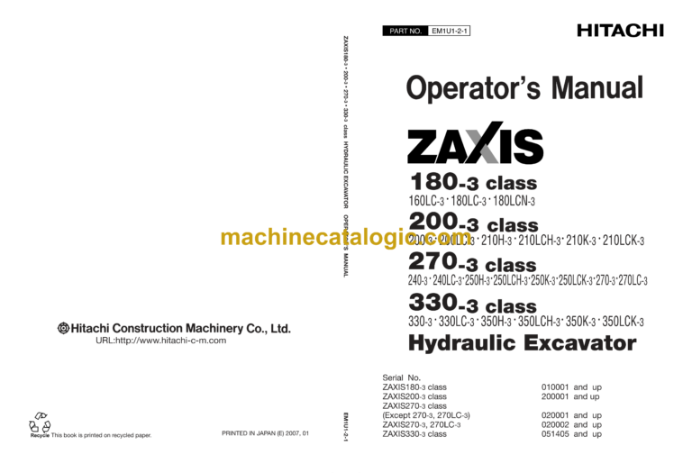 Hitachi ZX180-3 Class, ZX200-3 Class, ZX330-3 Class Operator's Manual (EM1U1-2-1)