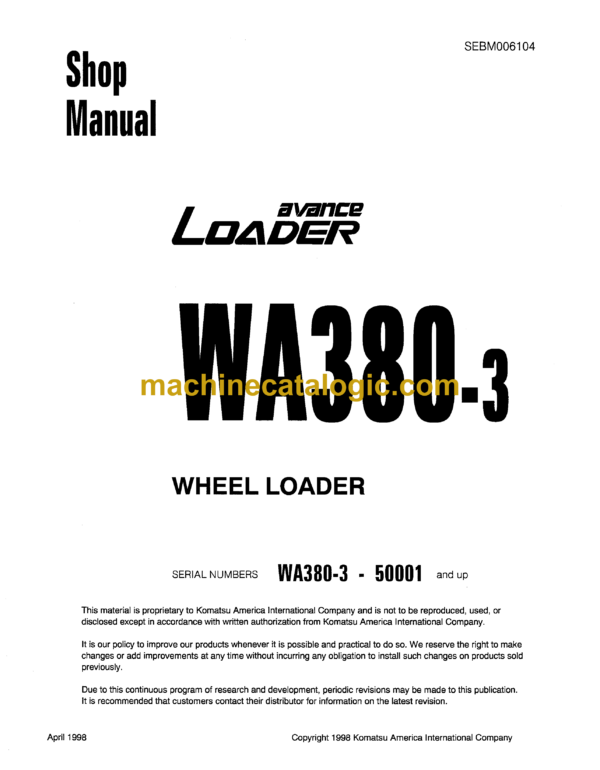 Komatsu WA380-3 Wheel Loader Shop Manual (SEBM006104)