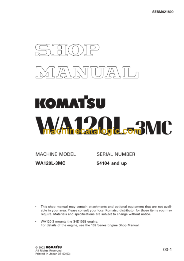 Komatsu WA120L-3MC Wheel Loader Shop Manual (SEBM021800)