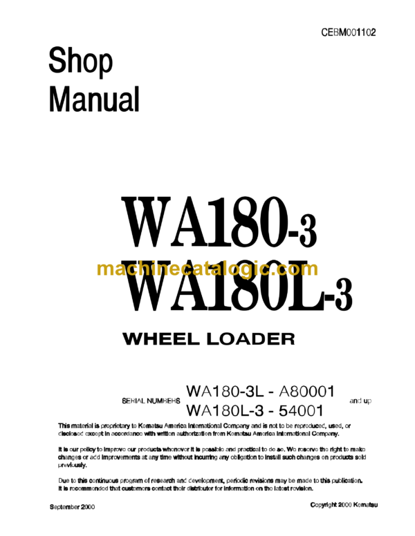 Komatsu WA180-3, WA180L-3 Wheel Loader Shop Manual (CEBM001102)