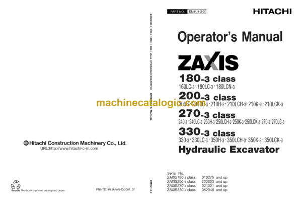 Hitachi ZX180-3class, ZX200-3class, ZX270-3class, ZX330-3class Hydraulic Excavator Operator's Manual (EM1U1-2-2, EM1U1-2-3)