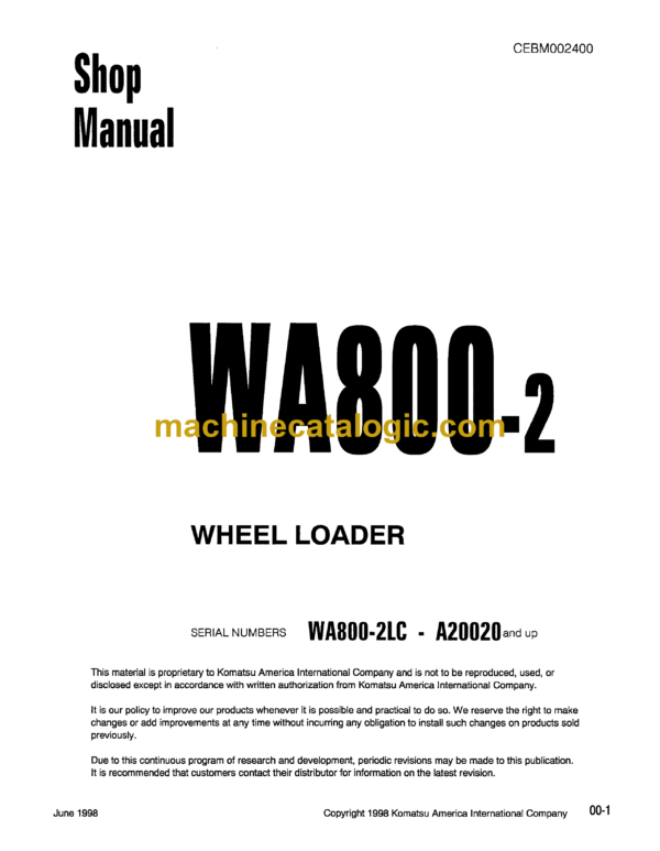 Komatsu WA800-2 Wheel Loader Shop Manual (CEBM002400)