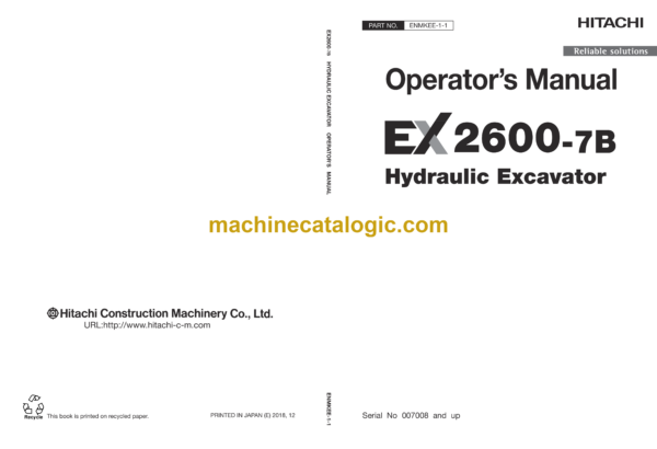 Hitachi EX2600-7B Hydraulic Excavator Operator’s Manual (ENMKEE-1-1)