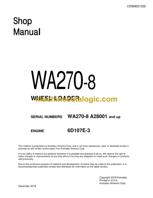 Komatsu WA270-8 Wheel Loader Shop Manual (CEBM031302)