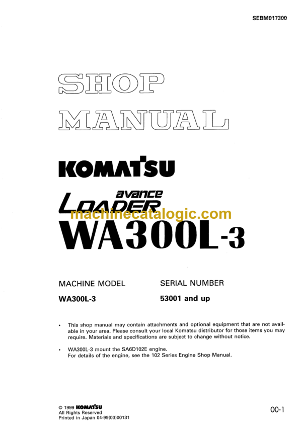 Komatsu WA300L-3 Avance Loader Wheel Loader Shop Manual (SEBM017300)