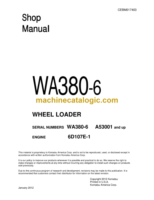 Komatsu WA380-6 Wheel Loader Shop Manual (CEBM017403)