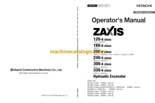 Hitachi ZX120-6 ZX160-6 ZX200-6 ZX240-6 ZX300-6 ZX330-6 class Hydraulic Excavator Operator's Manual (ENMDC1-EN2-1 to ENMDC1-EN2-7)