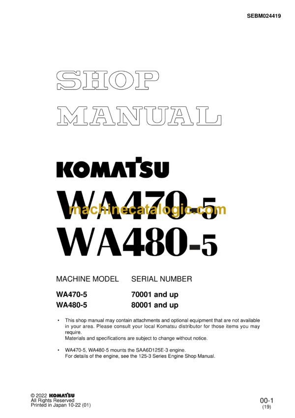 Komatsu WA470-5, WA480-5 Wheel Loader Shop Manual (SEBM024419)