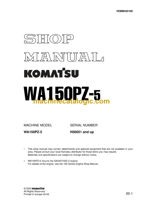 Komatsu WA150PZ-5 Wheel Loader Shop Manual (VEBM420100)