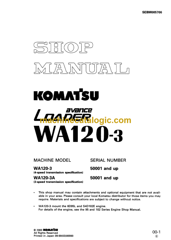 Komatsu WA120-3 Avance Loader Wheel Loader Shop Manual (SEBM005706)