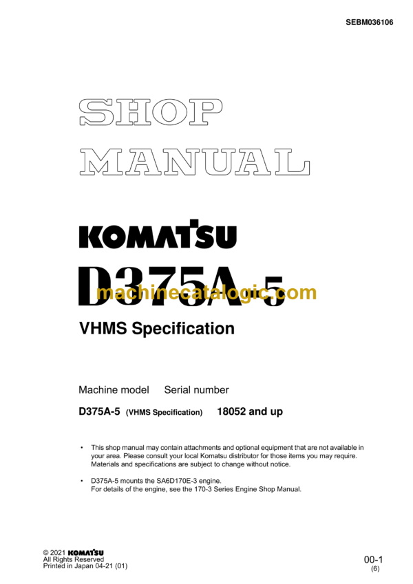 Komatsu D375A-5 VHMS Spec. Bulldozer Shop Manual (SEBM036106)