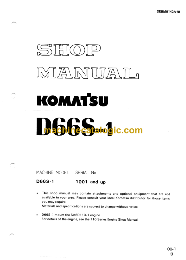 Komatsu D66S-1 Bulldozer Shop Manual (SEBM0142A10)