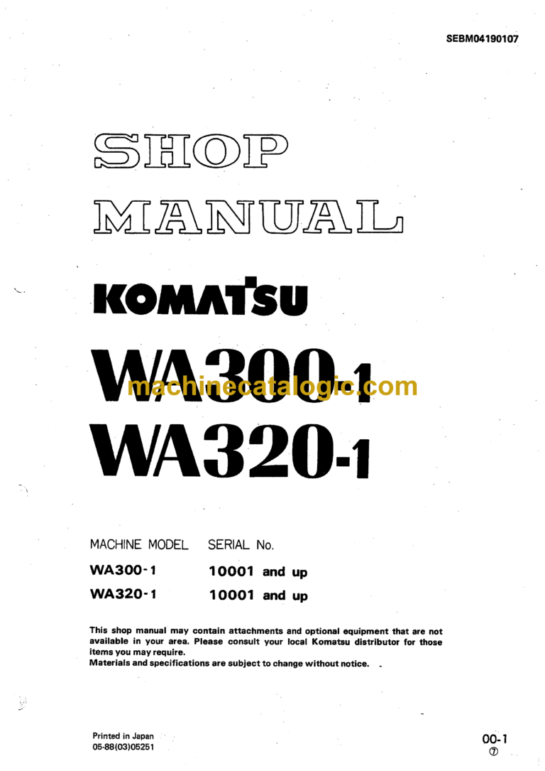 Komatsu WA300-1, WA320-1 Wheel Loader Shop Manual (SEBM04190107)