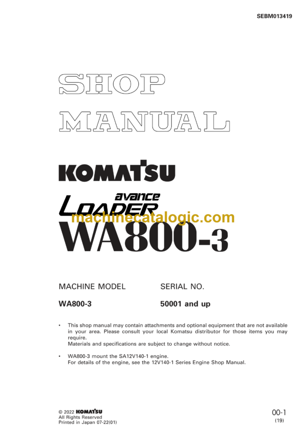 Komatsu WA800-3 Avance Loader Wheel Loader Shop Manual (SEBM013419)