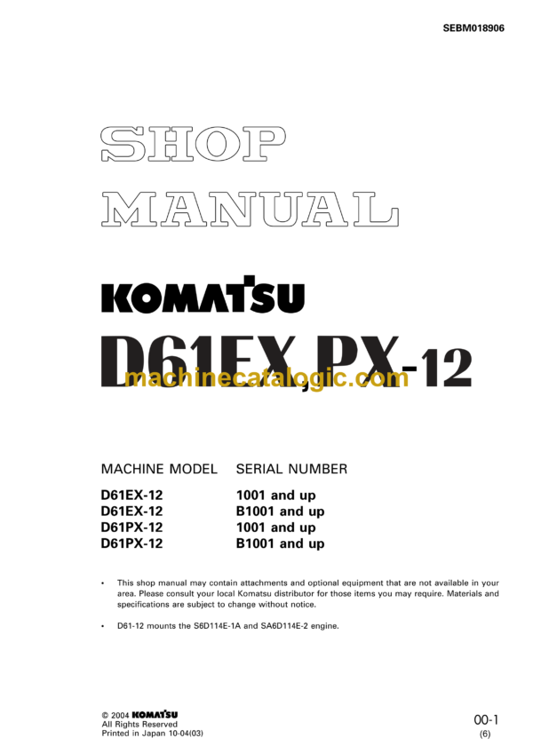 Komatsu D61EX-12, D61PX-12 Bulldozer Shop Manual (SEBM018906)