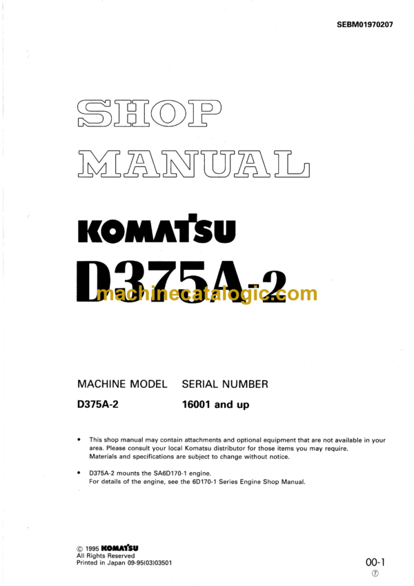 Komatsu D375A-2 Bulldozer Shop Manual (SEBM01970207)