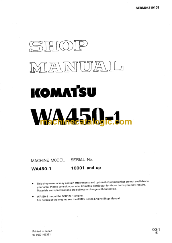 Komatsu WA450-1 Wheel Loader Shop Manual (SEBM04210108)