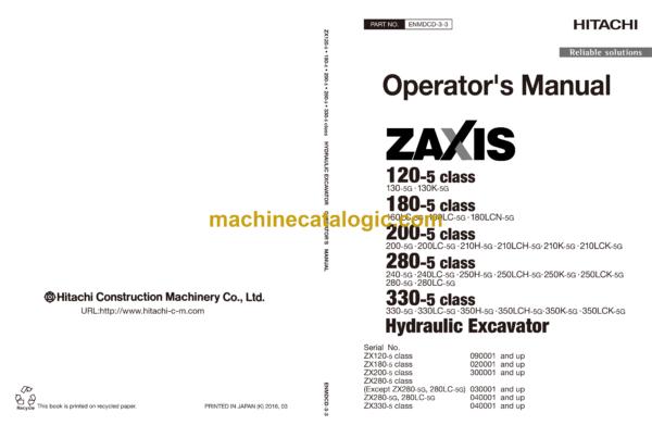 Hitachi ZX120-5G class, ZX180-5G class, ZX200-5G class, ZX280-5G class, ZX330-5G class Hydraulic Excavator Operator's Manual (ENMDCD-3-3 to ENMDCD-3-8)