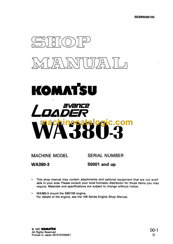 Komatsu WA380-3 Avance Loader Wheel Loader Shop Manual (SEBM006105)