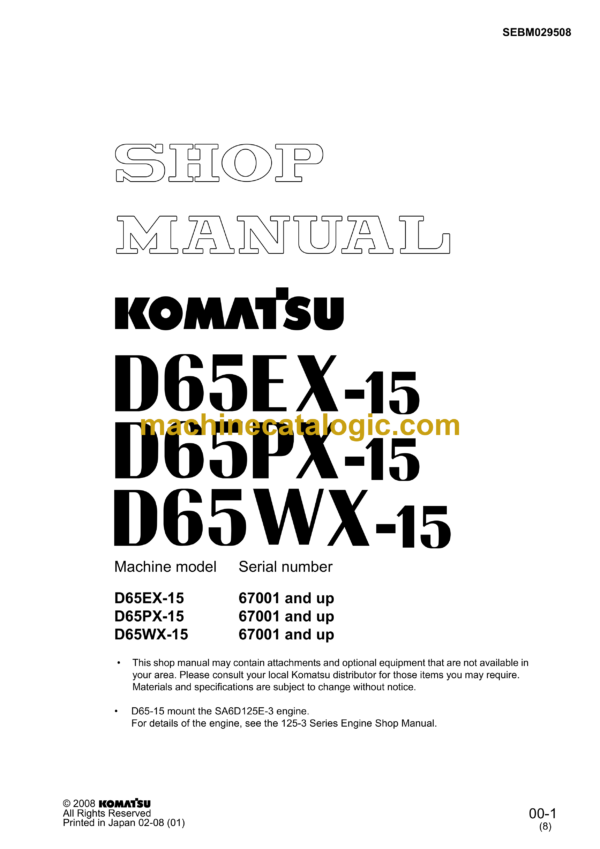 Komatsu D65EX-15, D65PX-15, D65WX-15 Bulldozer Shop Manual (SEBM029508)