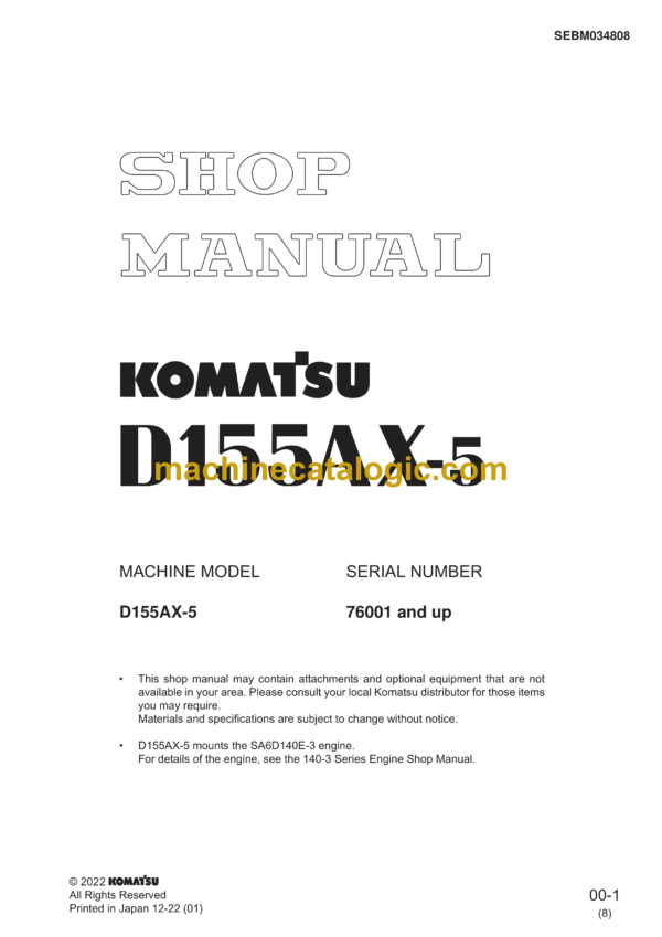 Komatsu D155AX-5 Bulldozer Shop Manual (SEBM034808)