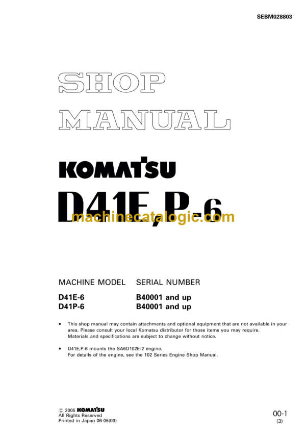 Komatsu D41E,P-6 Bulldozer Shop Manual (SEBM028803)