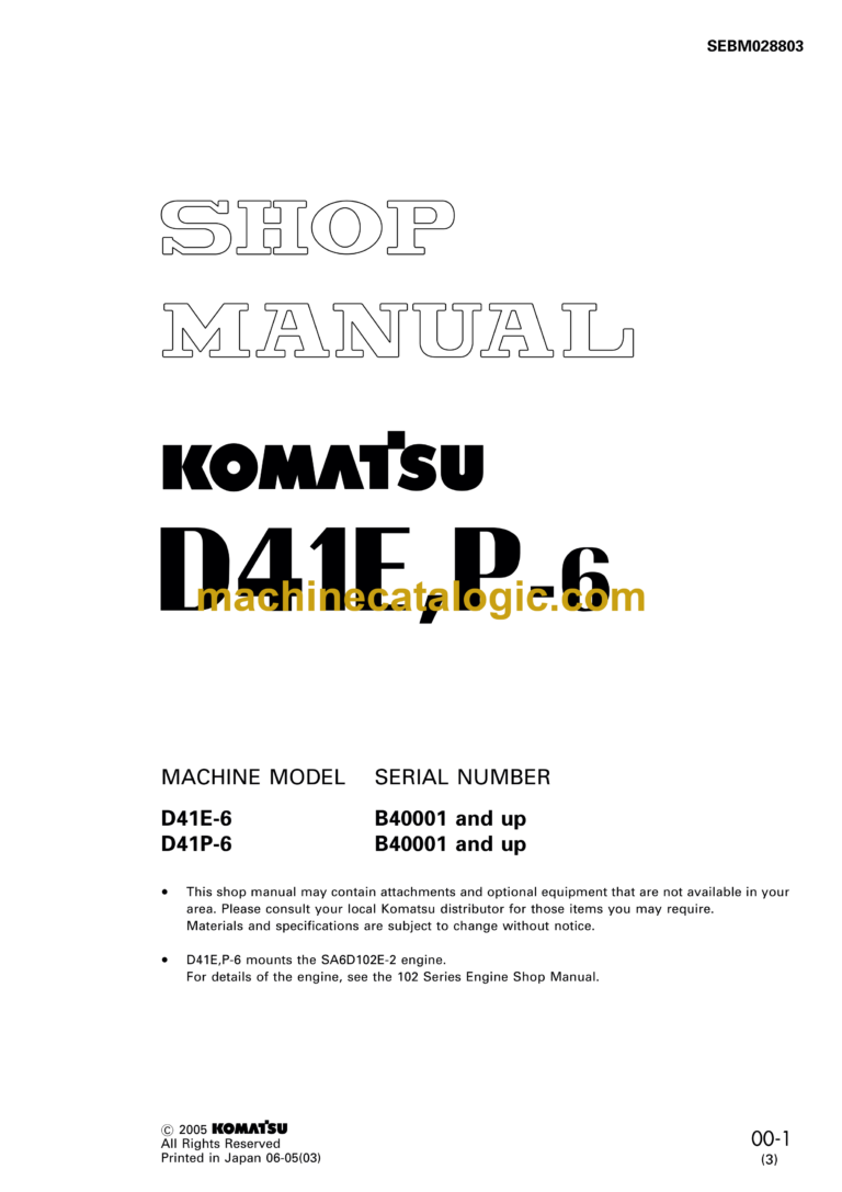 Komatsu D41E,P-6 Bulldozer Shop Manual (SEBM028803)