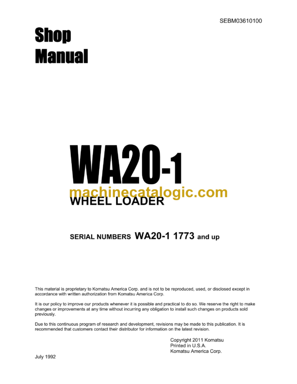 Komatsu WA20-1 Wheel Loader Shop Manual (SEBM03610100)