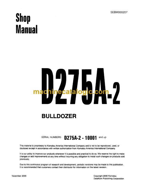 Komatsu D275A-2 Bulldozer Shop Manual (SEBM000207)