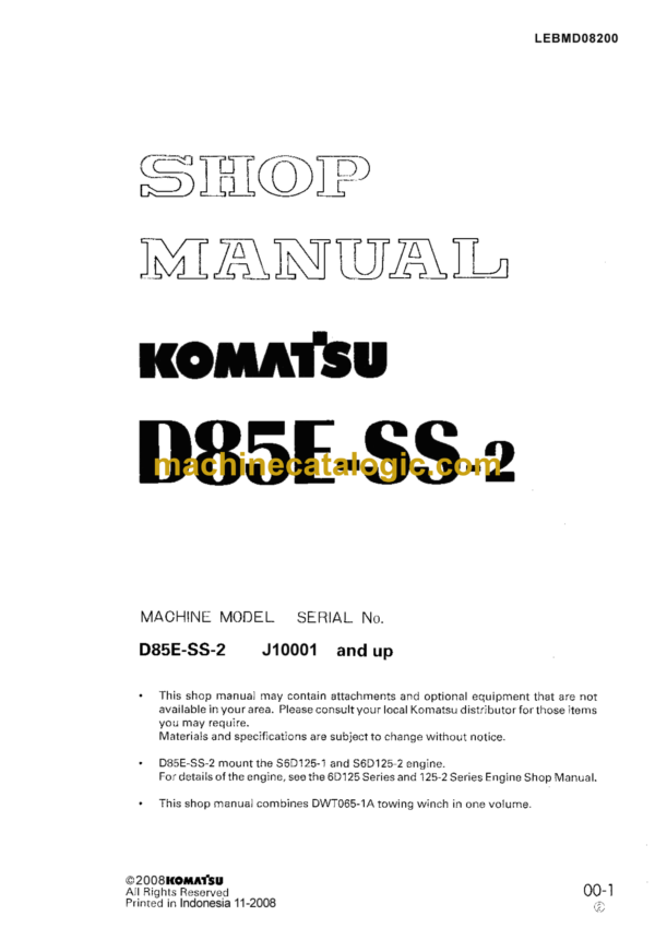 Komatsu D85E-SS-2 Bulldozer Shop Manual (LEBMD08200)