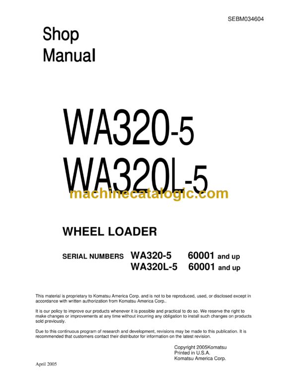 Komatsu WA320-5, WA320L-5 Wheel Loader Shop Manual (SEBM034604)