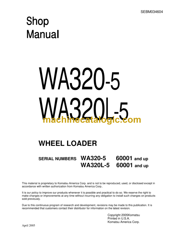 Komatsu WA320-5, WA320L-5 Wheel Loader Shop Manual (SEBM034604)