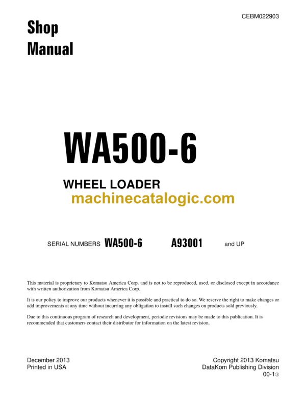 Komatsu WA500-6 Wheel Loader Shop Manual (CEBM022903)