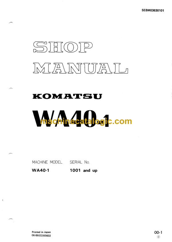 Komatsu WA40-1 Wheel Loader Shop Manual (SEBM03630101)