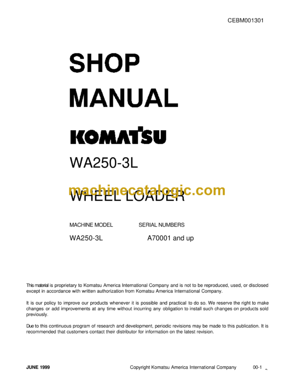 Komatsu WA250-3L Wheel Loader Shop Manual (CEBM001301)