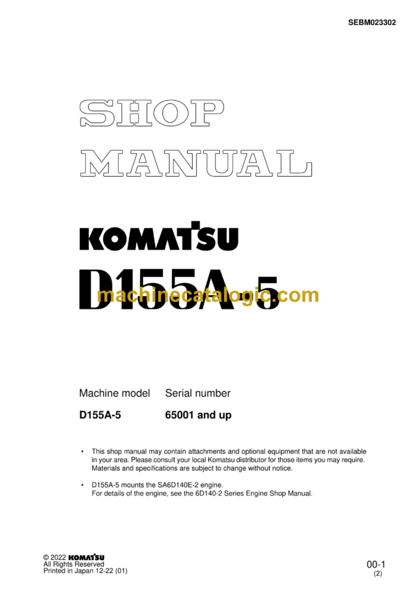 Komatsu D155A-5 Bulldozer Shop Manual (SEBM023302)