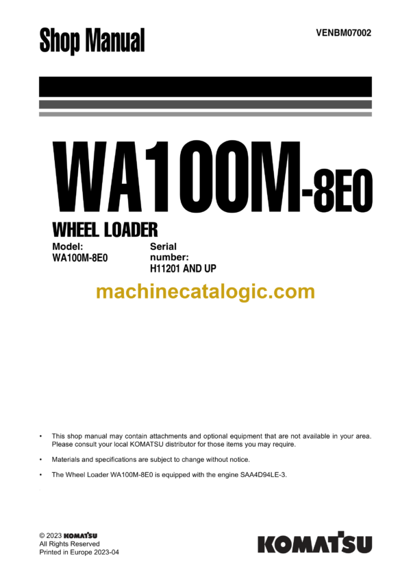 Komatsu WA100M-8E0 Wheel Loader Shop Manual (VENBM07002)