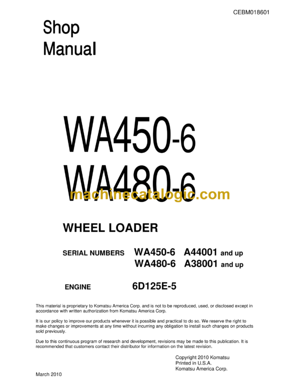 Komatsu WA450-6, WA480-6 Wheel Loader Shop Manual (CEBM018601)