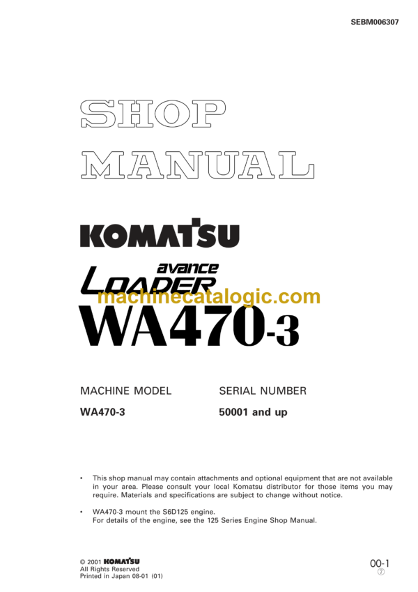 Komatsu WA470-3 Wheel Loader Shop Manual (SEBM006307)