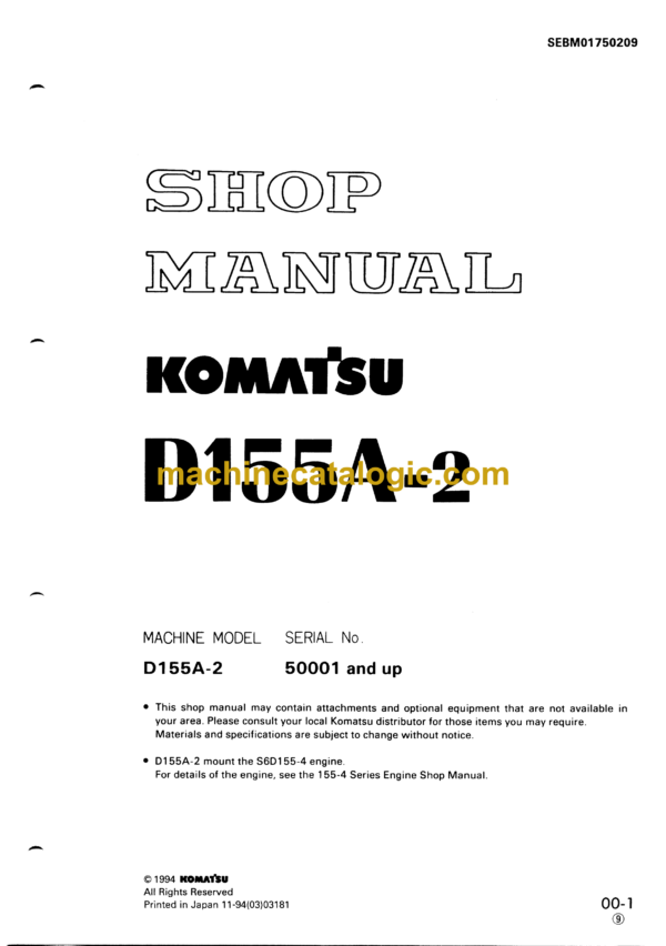 Komatsu D155A-2 Bulldozer Shop Manual (SEBM01750209)